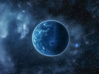 Obraz premium Glistening softly against a deep blue background, a vibrant blue Earth glows in the infinite expanse of space, surrounded by a wondrous display of stars and galaxies