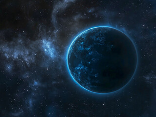 Fototapeta premium An ethereal blue Earth glows softly against a dark cosmic backdrop filled with distant stars and swirling galaxies, creating a peaceful and mesmerizing atmosphere in space
