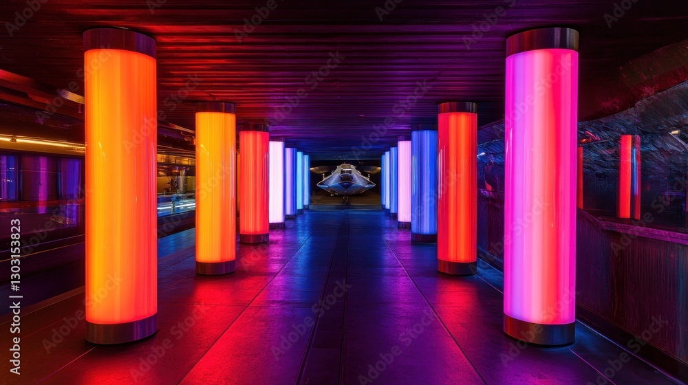 Poster a vibrant corridor illuminated by colorful light columns, creating a futuristic atmosphere.