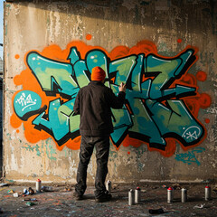 man draws graffiti on wall