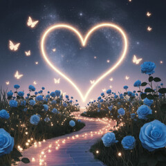 Obraz premium Magical fantasy landscape featuring a radiant heart shaped light in the distance with fluttering butterflies and a glowing trail leading through a field of blue flowers.