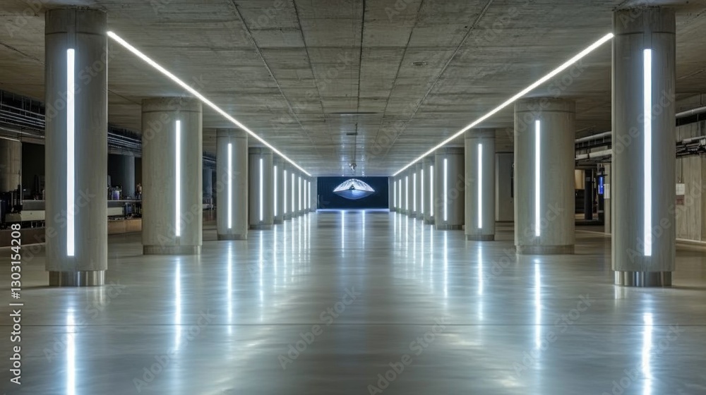Poster a modern underground space with illuminated columns and a digital display in the background.