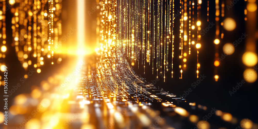 Poster an intricate digital matrix cascades with radiant symbols, creating a vibrant atmosphere filled with