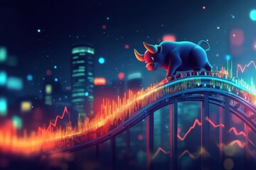 Stock Market Volatility: Dynamic and Colorful Depiction Featuring a Roller Coaster Made of Fluctuating Stock Graphs