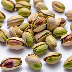 Pistachios close-up scattered on a white background. Macro image of food. Design element