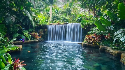 A serene tropical waterfall surrounded by lush greenery and vibrant plants, creating a tranquil oasis in nature.