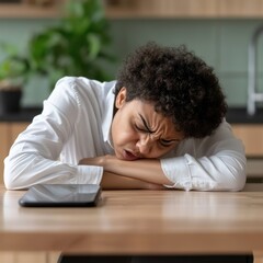 Fototapeta premium A stressed person showing frustration at a workplace desk.
