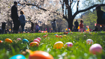 Colorful Easter eggs on grass with children playing and people enjoying a spring outdoor event in nature and a park during Easter celebration.