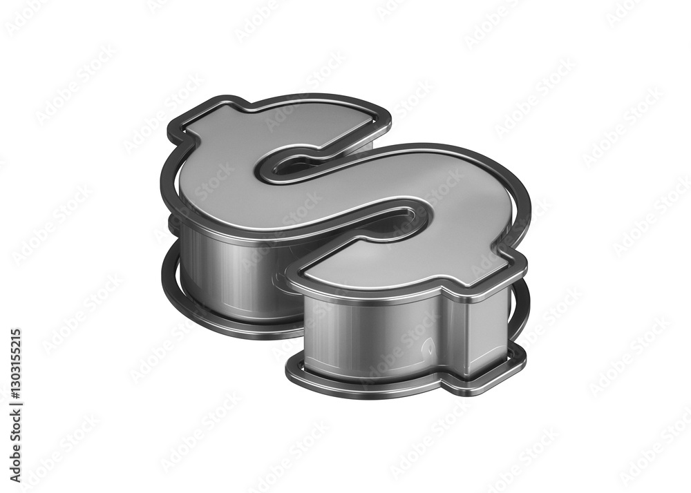 Poster 3d dollar icon in shiny silver. three dimensional isometric font from top. high quality 3d rendering