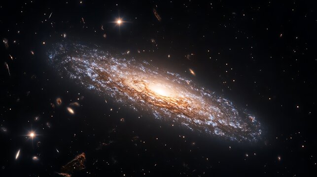 The faint outline of a dwarf galaxy glowing softly against the vast darkness of space