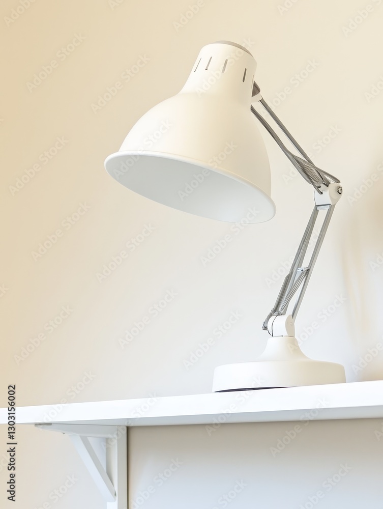 Poster modern white desk lamp illuminating a clean workspace, showcasing minimalistic design and simplicity