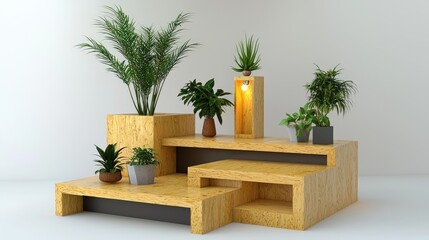 A minimalist basement interior with natural wood stairs leading to an upper level.