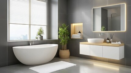 A modern grey bathroom with textured grey tiles and a sleek sink.