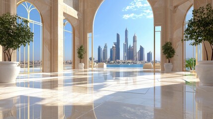 Obraz premium A modern urban scene with a smooth marble ground and a futuristic city skyline view.