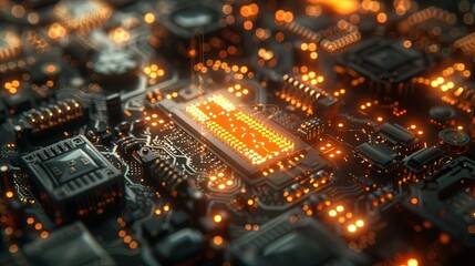 A glowing and intricate close up of a computer motherboard