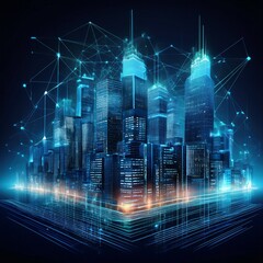 Obraz premium Modern buildings, abstract city network connection, city landscape backgrounds