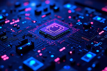 Fototapeta premium Futuristic Computer Motherboard with Glowing Microprocessor