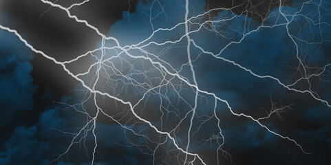 Lightning, thunder cloud dark cloudy sky. Fork lightning striking down during summer storm. intense lightning lighting up the sky .



