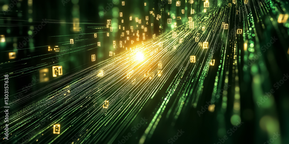 Poster in a captivating display of technology, glowing symbols cascade through a digital matrix, illuminati