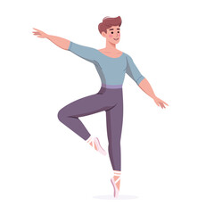 Pretty and gentle ballerina man dancing on white background. Poster, Banner, Flyer, Greeting Card. Vector illustration in flat cartoon style