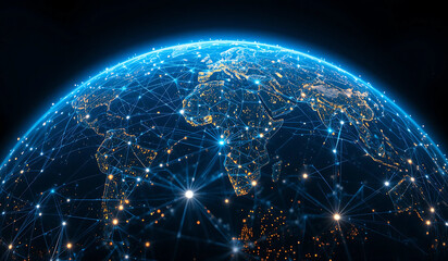 Obraz premium A glowing digital globe, illustrating global connectivity and network infrastructure. Represents worldwide communication, data transfer, and the interconnectedness of our modern world.