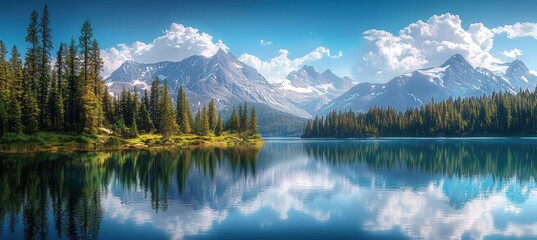 Tranquil alpine lake reflecting majestic snowcapped peaks