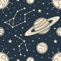 Seamless pattern of planets, moons, constellations and stars in a dark blue space background, beige and white colors, flat design