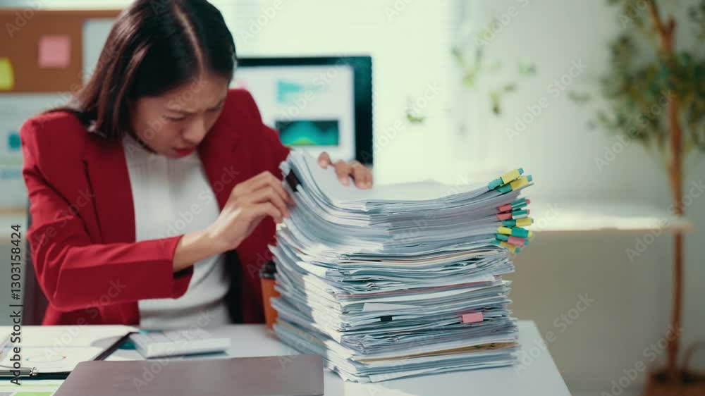 Aufkleber exhausted professional woman battling heavy paperwork, feeling stressed and overwhelmed while strugg