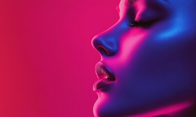 Face illuminated by vibrant pink and blue light.