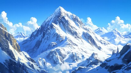 Obraz premium Snow-covered mountain peak under a clear blue sky, jagged rocks and icy slopes, majestic nature background