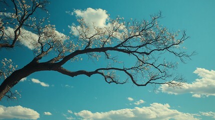 Tree branches against a blue sky with clouds; nature background for tranquility