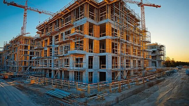 Building Site under Construction: Capturing the ambitious process of a modern construction site, featuring high-rise buildings under development with cranes reaching the sky under the daytime.