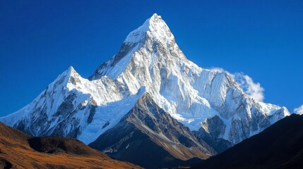 Snow-covered mountain peak under a clear blue sky, jagged rocks and icy slopes, majestic nature background