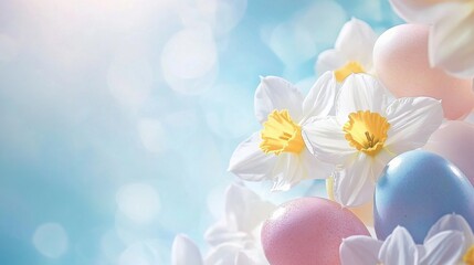 Pastel easter background with colorful decorated eggs and yellow daffodils on soft textured surface, spring holiday celebration concept.


