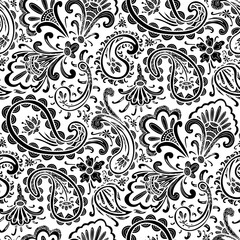 Paisley floral pattern, abstract flowers, black and white colors. Seamless floral pattern-660.