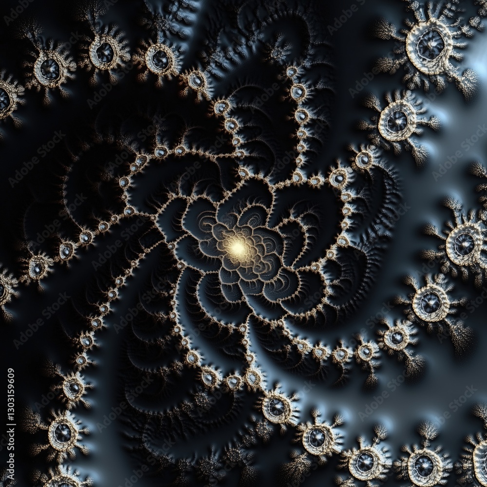 Poster beautiful and intricate design made up of small circles and a black background. the circles are gold