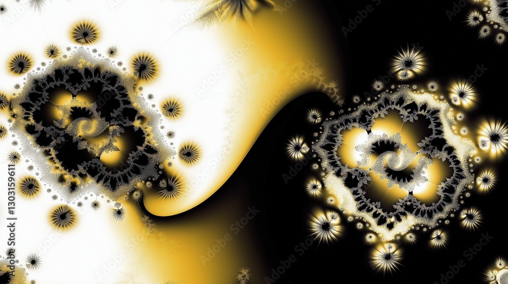 Poster black and white image of two circles with a yellow center. the circles are connected by a line. ai g