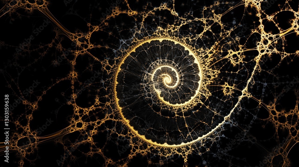 Poster spiral shape with gold and black colors. the spiral is surrounded by a black background. the spiral 