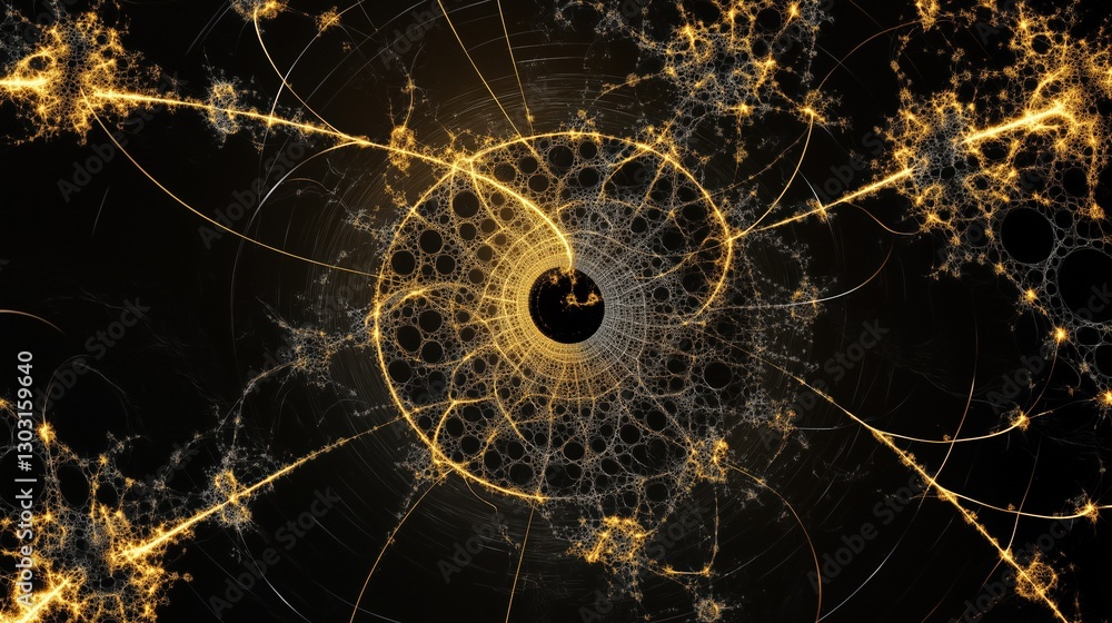 Poster spiral of light and dark colors with a black hole in the center. the spiral is made up of many small