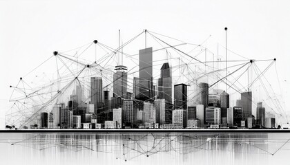 Modern buildings, abstract city network connection, city landscape backgrounds