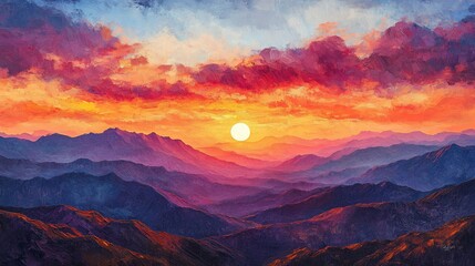 Obraz premium Vibrant sunset over layered mountains; peaceful landscape for travel posters