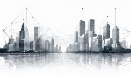 Naklejka premium Modern buildings, abstract city network connection, city landscape backgrounds