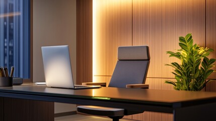 Modern office workspace with a laptop, stylish chair, and indoor plant under warm lighting