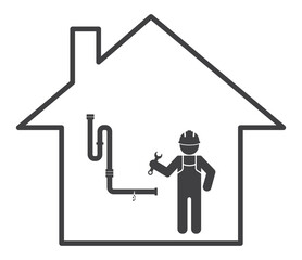 repairman repaire leak pipe in house icon