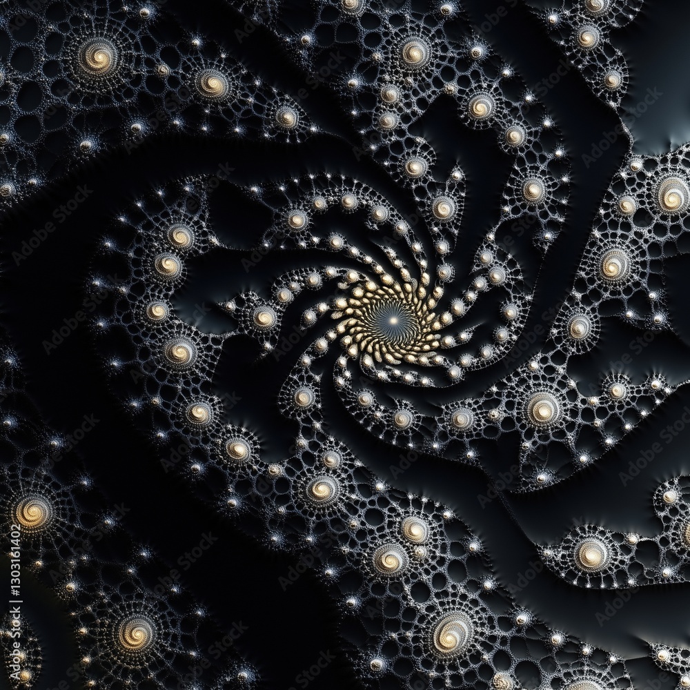 Poster spiral of stars and circles in a black background. the spiral is made up of many small circles and s
