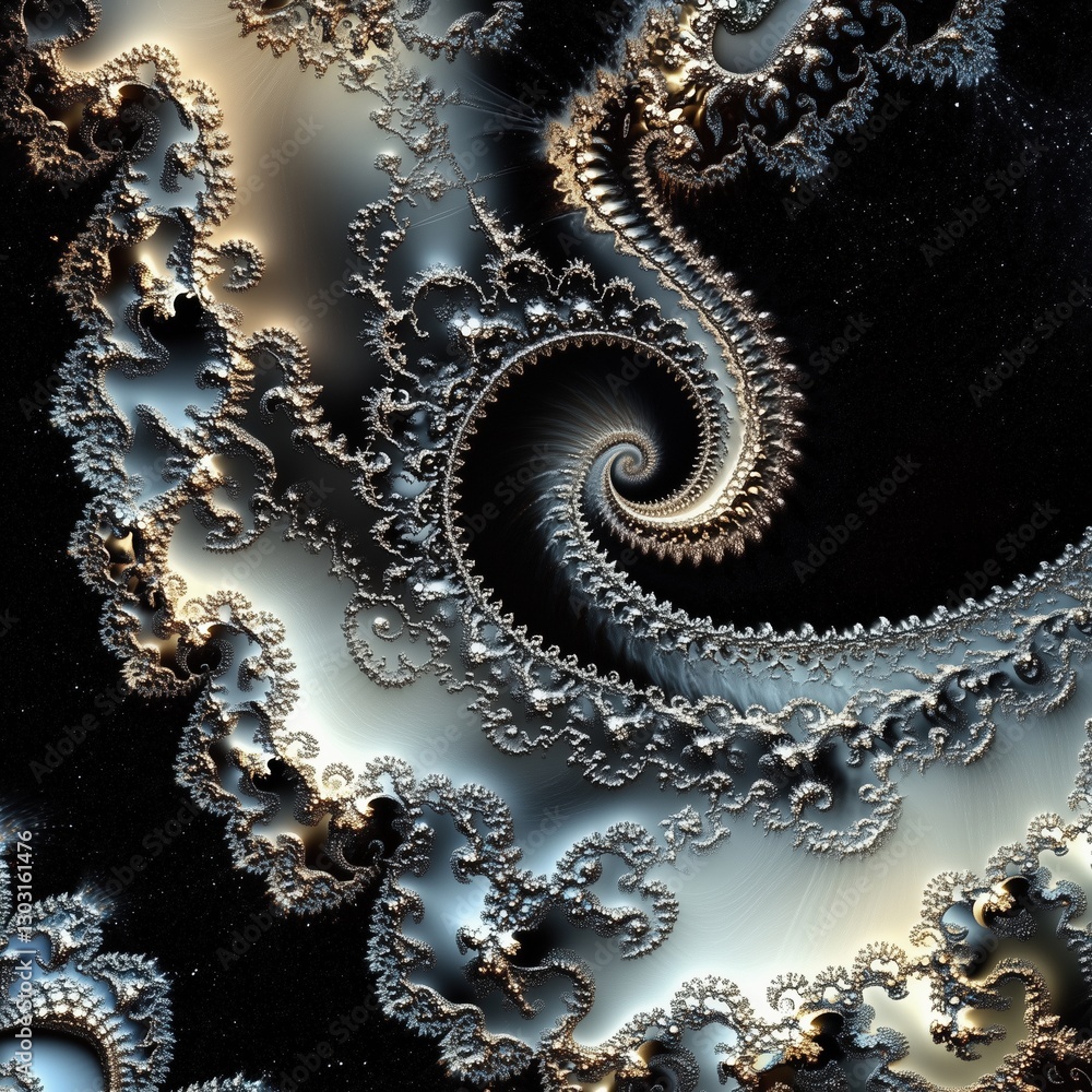 Poster the image is a spiral with a gold and silver color scheme. the spiral is very intricate and has a lo