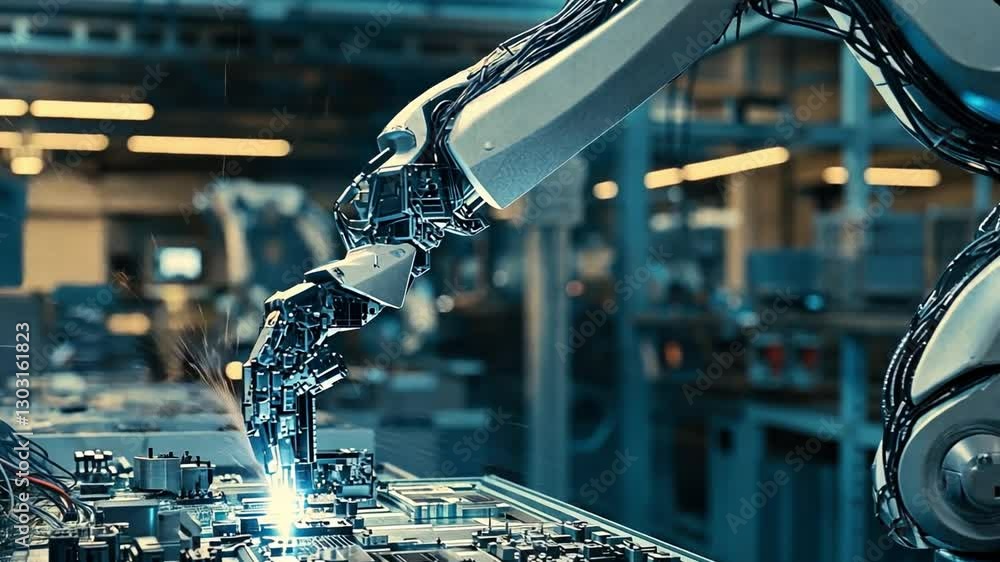 Aufkleber a robotic arm assembling electronics under precise led lighting in a futuristic factory
