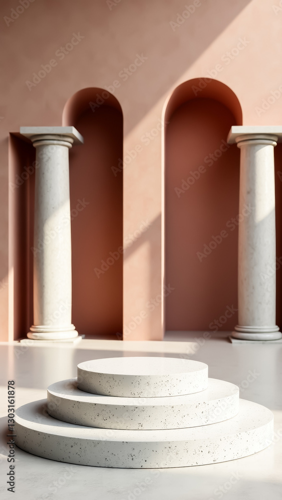 Poster three-tiered circular stone display platform in a minimalist setting with rose walls and columns