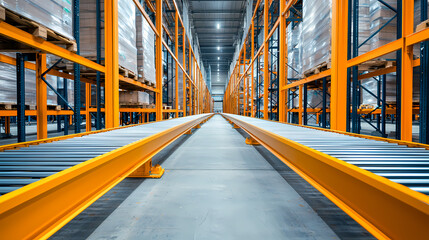 A spacious warehouse interior with bright orange shelving and a clear path, showcasing efficient storage solutions and organization.