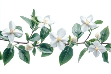 Fototapeta premium a cluster of elegant white flowers, perfectly capturing the freshness of spring, with their delicate petals and green leaves. The composition is simple yet captivating